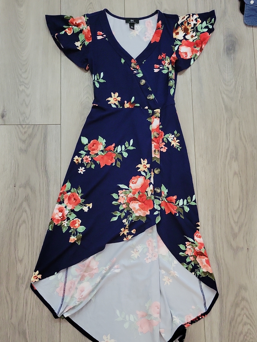 I.N. San Francisco Navy Floral Wrap Dress with Coral Blooms
